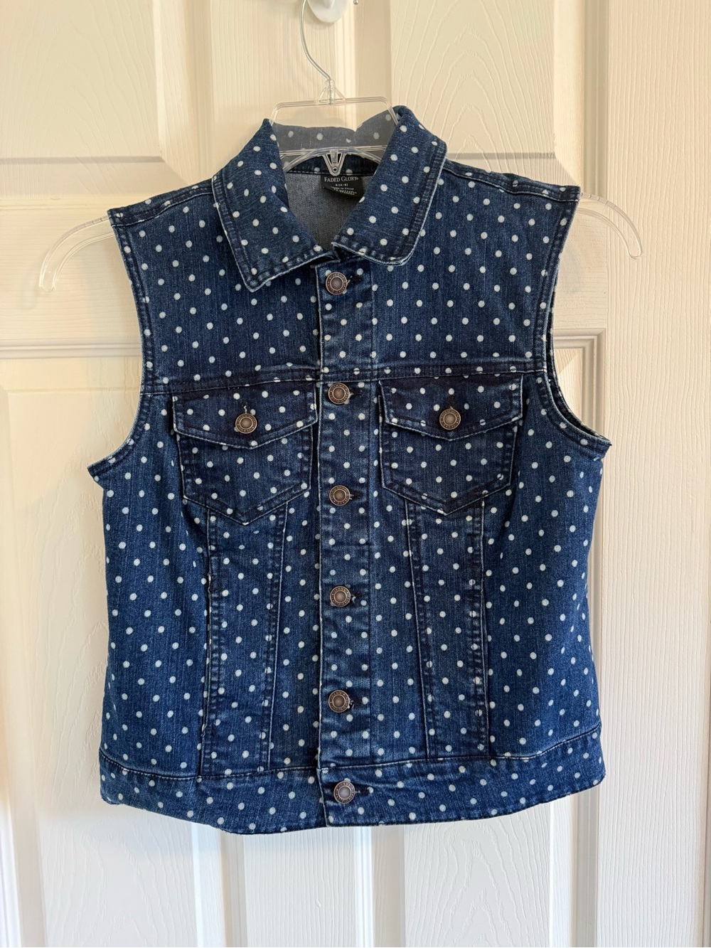 Faded Glory Blue Denim Polka Dot Button Up Vest